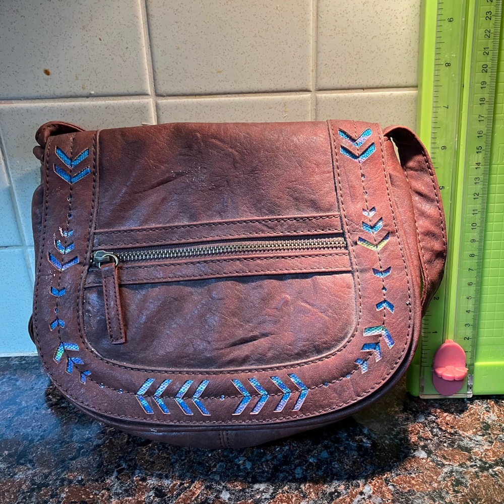 Brown purse with turquoise accents